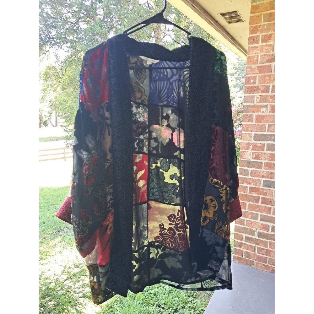 John Mark Embroidered Wearable Art Open Kimono  Size L Velvet Burnout Patchwork